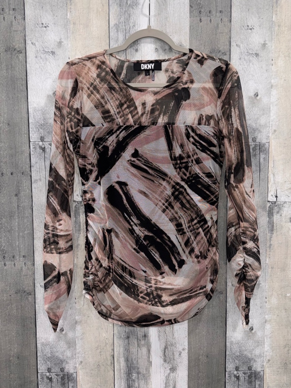 DKNY Abstract Brushstroke Print Long Sleeve Mesh Blouse in Black and Blush Sz. S